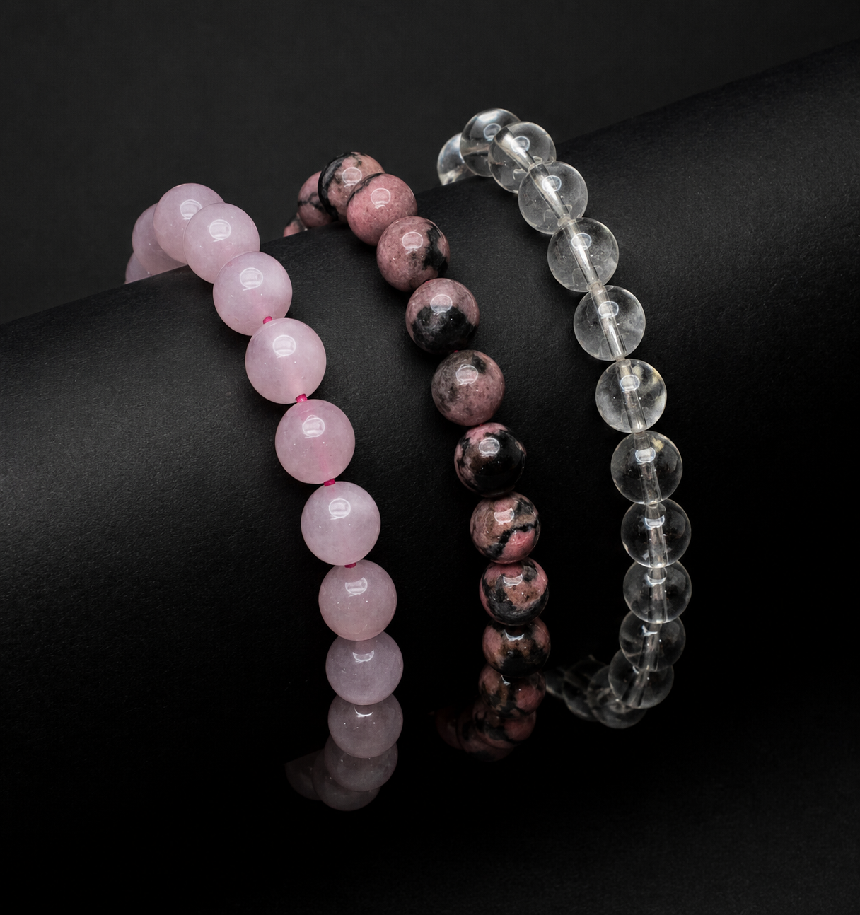 3 Bracelet Combo Set – Natural Rose Quartz, Rhodonite & Clear Quartz Crystal Bracelet | Love, Emotional Healing & Positive Energy | 8mm Stretch Bracelet for Men & Women