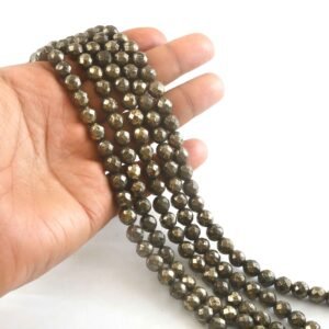 8mm Faceted Pyrite Beads String – Natural Metallic Pyrite Round Beads for Jewellery Making (Wholesale)