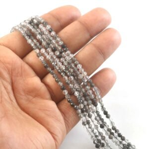 3mm Natural Black Rutile Quartz Faceted Beads String – Grey Clear Round Gemstone Loose Beads for Jewellery Making (Wholesale)